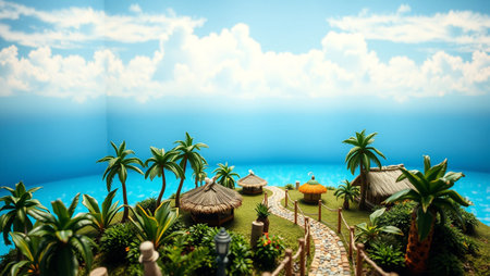 Fantasy island with palm trees and blue sea. 3d renderの写真素材