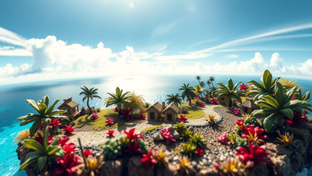 Small island in ocean with palm trees and flowers. 3d renderの写真素材