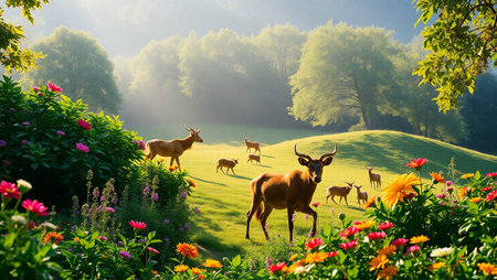 Deer in the meadow with flowers. Beautiful summer landscape.の写真素材