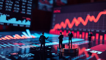 miniature people stand on the stock market chart, business concept.