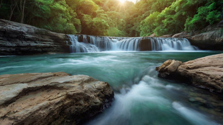 Beautiful waterfall in deep forest at Erawan waterfall National Park, Kanchanaburi, Thailand