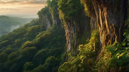 Panoramic view of the morning mist in the mountains.の写真素材