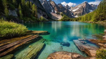 Panoramic view of the Moraine lake in Banff National Park, Canadaの写真素材