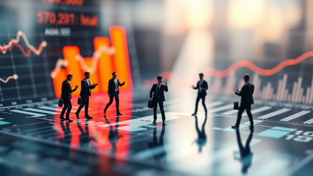 Business people standing on stock market graph background. 3d rendering.の写真素材