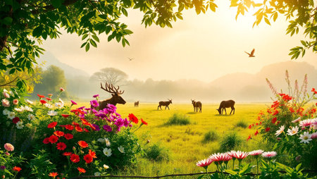 Deer in the meadow with flowers at sunset. Nature backgroundの写真素材