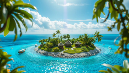 tropical island with palm trees and blue lagoon 3d renderの写真素材