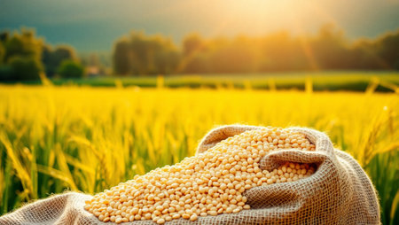 Sesame seeds in a burlap bag on the background of a rice field.の写真素材