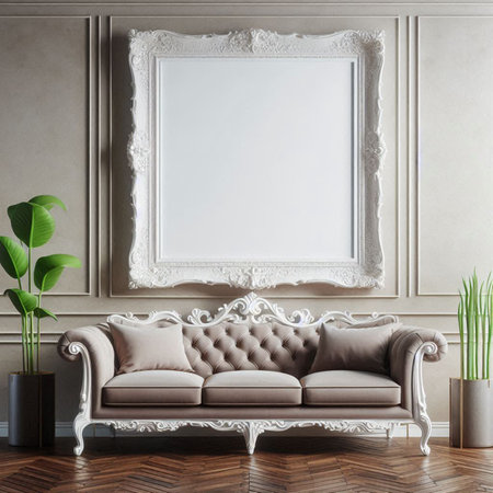 Mock up poster frame in classic interior background. 3d render illustrationの写真素材