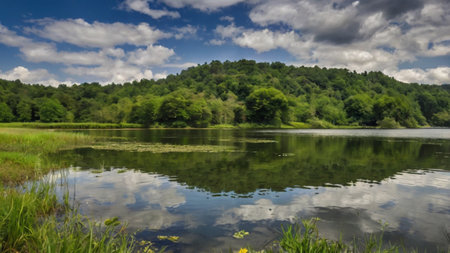 Beautiful summer landscape with lake, forest and blue sky with cloudsの写真素材