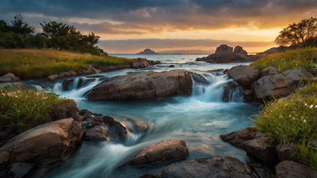 Long exposure of a beautiful waterfall at sunsetの写真素材
