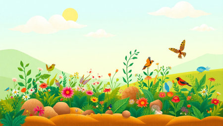 Spring landscape with flowers, grass and birds. Vector cartoon illustration.の写真素材