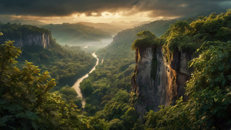 Panoramic view of the valley and the river at sunset.の写真素材