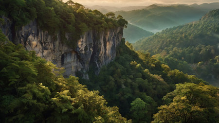 Panoramic view of the mountains and forests in the morning.の写真素材