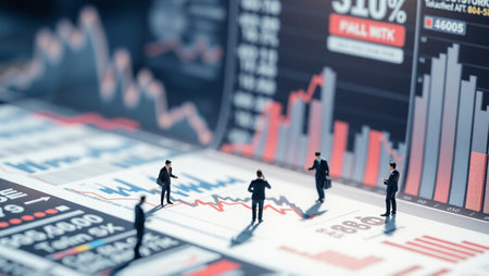 Businessman standing on stock market graph background.