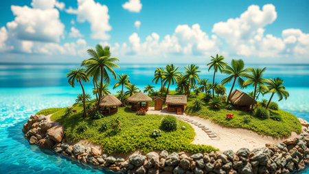 Tropical island with palm trees and bungalows. 3d illustrationの写真素材