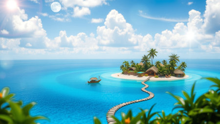 Tropical island with palm trees and sand. 3d renderingの写真素材