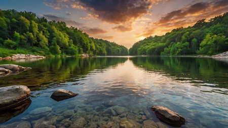 Lake in the forest at sunset. Beautiful summer landscape with lake.の写真素材