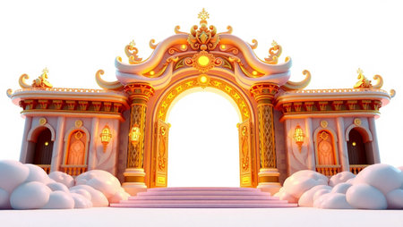 3D rendering of an entrance to the temple with a white backgroundの写真素材