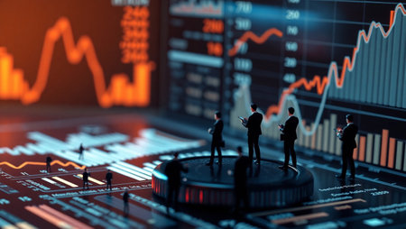Miniature people businessmen stand on the top of the stock market graph.