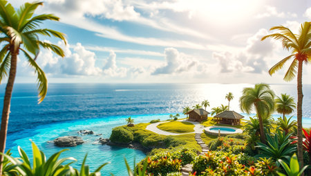 Beautiful island with palm trees and bungalows on the oceanの写真素材
