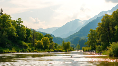 Beautiful mountain landscape with river and forest on the background of mountainsの写真素材