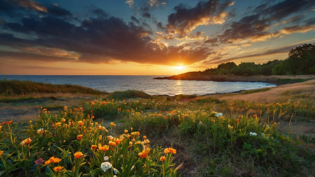 Sunset on the coast of the Baltic Sea with tulips.の写真素材