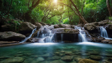 Waterfall in tropical forest. Waterfall in deep rainforest.の写真素材