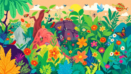 Summer landscape with flowers, trees, birds and butterflies. Vector illustration.の写真素材