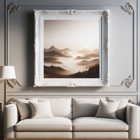 Interior of modern living room with white sofa, picture frame and lamp. 3d renderの写真素材