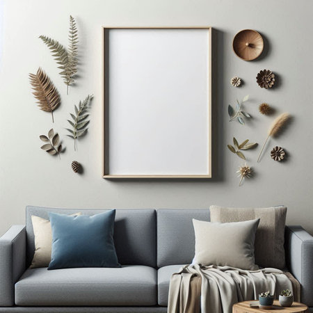 Mockup poster frame in interior background, Scandinavian style, 3d render