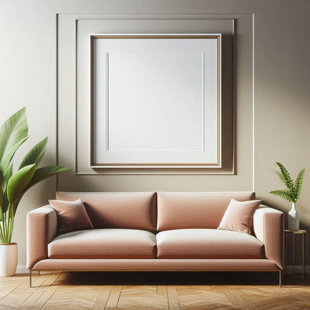 Living room interior with a pink sofa, a coffee table and a vertical poster. 3d rendering mock upの写真素材
