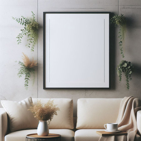Mock up poster frame in modern interior background, Scandinavian style, 3D renderの写真素材