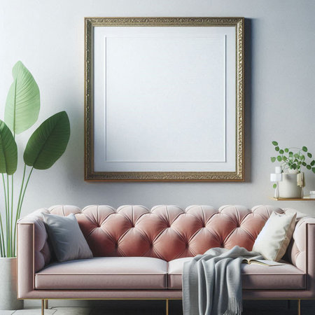 Modern living room interior with empty frame, sofa and plants. Mock up, 3D Renderingの写真素材