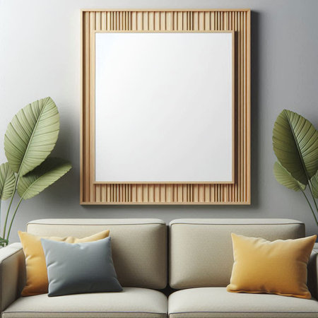 Interior of modern living room with beige sofa and blank picture frame. 3d render