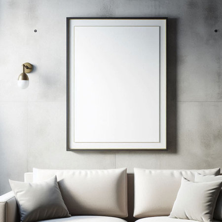 Modern living room interior with white sofa and blank poster on concrete wall. Mock up, 3D Rendering