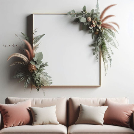 Interior of modern living room with sofa, plants and frame mockup
