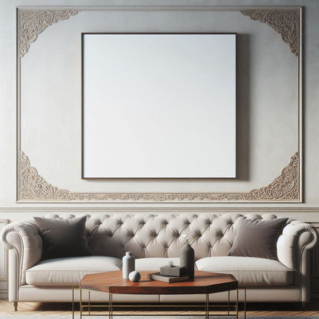 Mock up poster frame in interior background, 3D render illustration