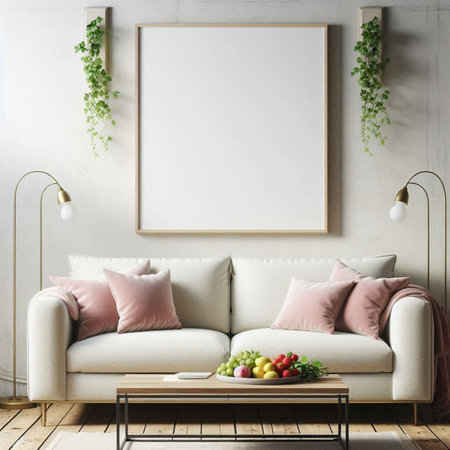 Mock up poster frame in interior background, Scandinavian style, 3D render