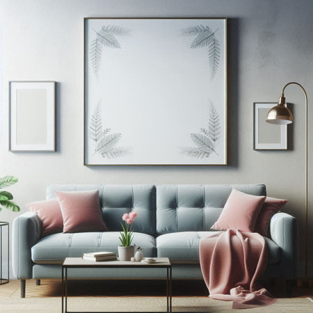 Modern living room interior with a blue sofa, a coffee table and a framed poster. 3d rendering mock...