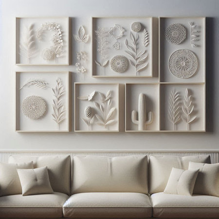Interior design. Modern living room with sofa, pillows and plants