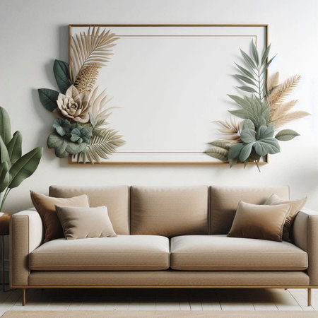 Modern living room interior with beige sofa, plants and empty poster.