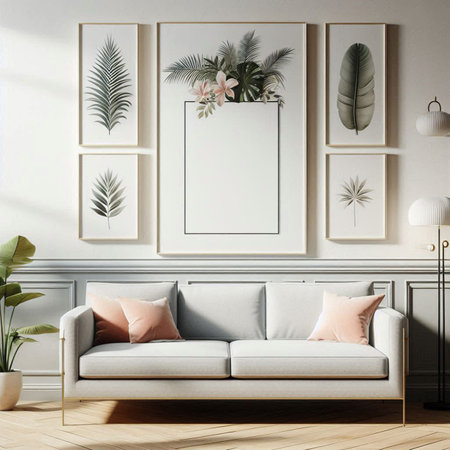 Modern living room interior with white sofa, plants and posters. Mock up, 3D Rendering