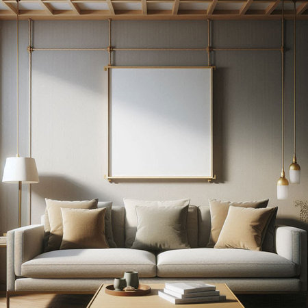 Interior of modern living room with beige walls, concrete floor, comfortable gray sofa with pillows...