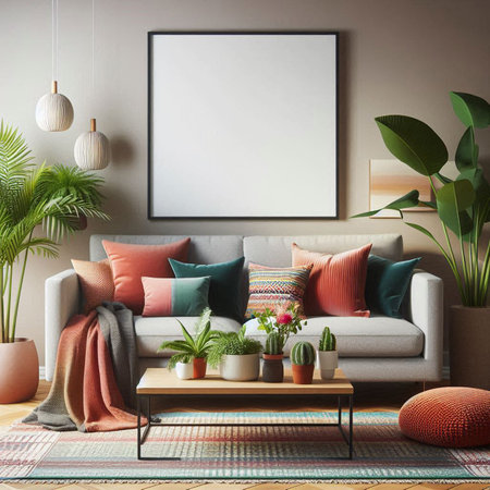Mock up poster frame in living room interior, 3d renderの写真素材