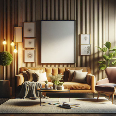Interior of modern living room with brown sofa, armchair, coffee table and poster. 3d render