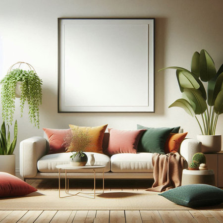Modern living room interior with sofa, plants and mock up poster. 3d renderの写真素材