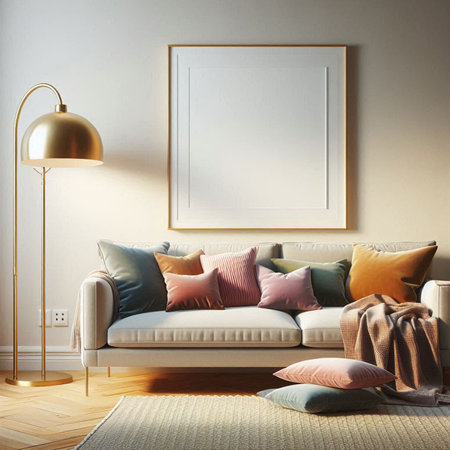 Interior of modern living room with white walls, wooden floor, comfortable sofa with pillows and a...