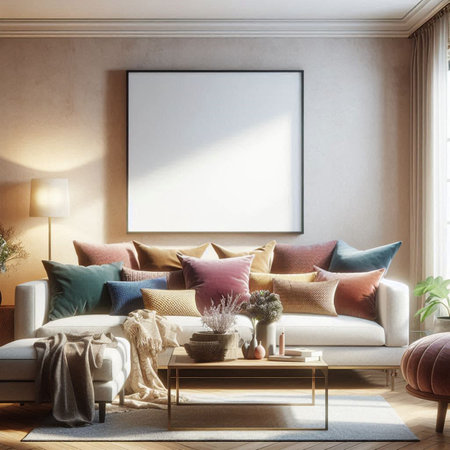 Modern living room interior with white walls, carpet on the floor, comfortable sofa with pillows,...