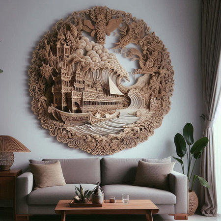 Interior of living room with sofa, coffee table and decorative elements