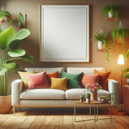 Interior of modern living room with sofa, plants and mock up poster. 3d renderの写真素材